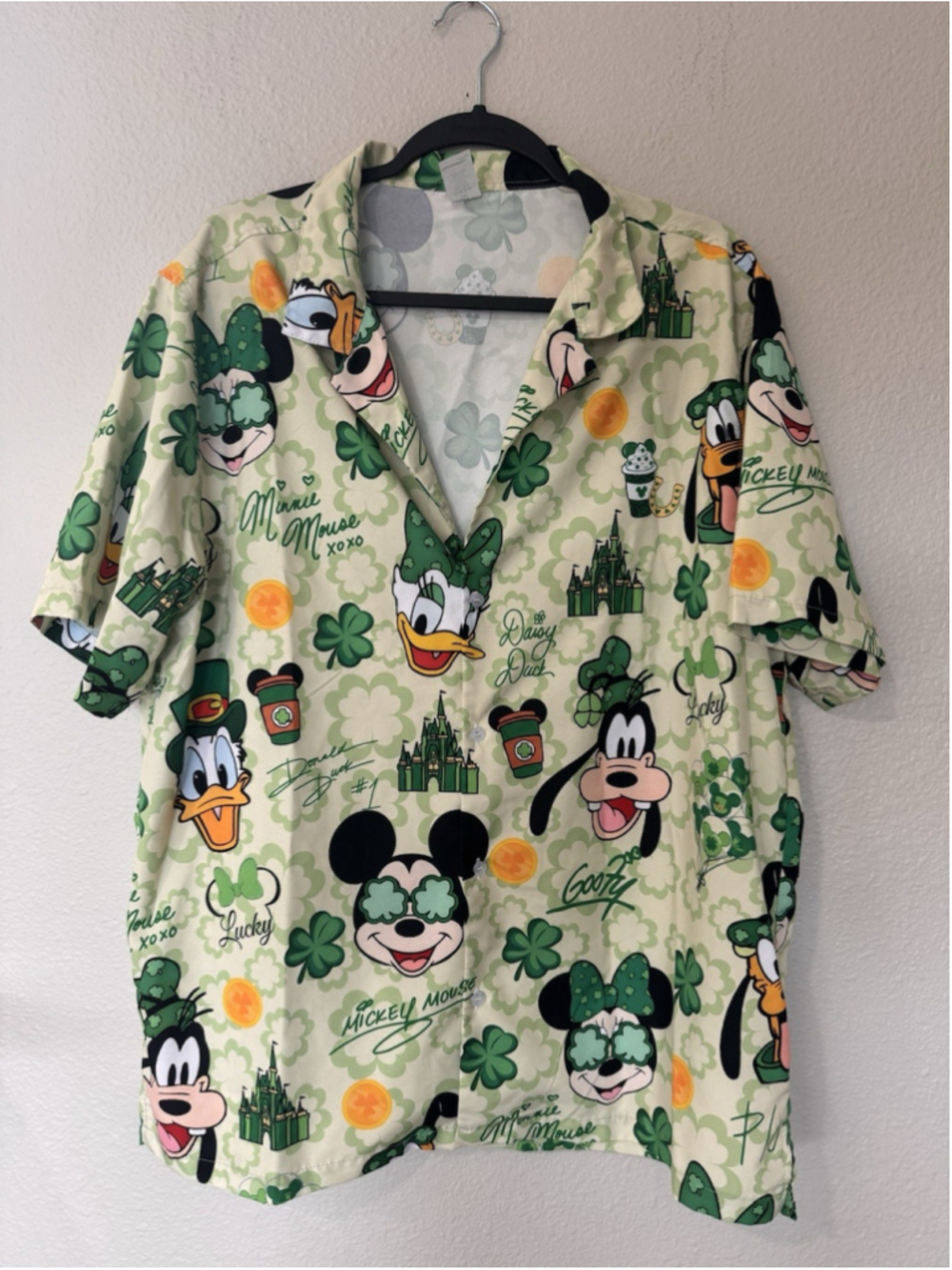 Disney St Patrick’s Day Button Up Shirt Mickey Minnie Green L Unisex